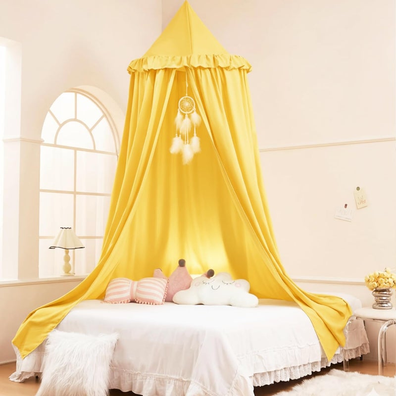 Akiky Kids Bed Canopy for Crib & Twin Size with Ruffles Dreamcatcher, Boys Princess Girls Nursery Room Decor Toddler Baby Dome Round Hanging Tent Curtains Skirt Over Bed Reading Nook Play Yellow - Image 1